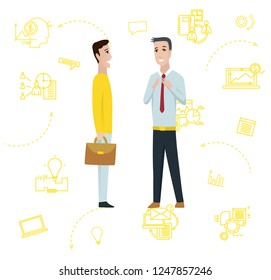 Two smiling businessman with bag. Vector flat illustration.