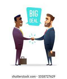 Two smiling businessman shaking hands together. Big deal concept illustration