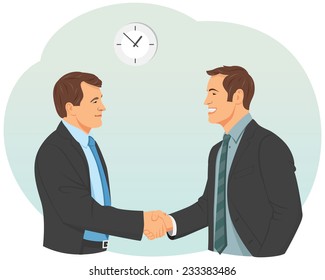 Two smiling businessman in suits are handshaking
