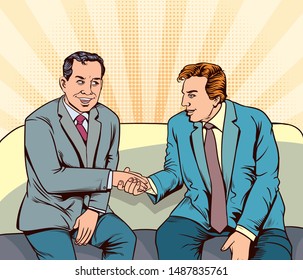 Two smiling businessman in suits are shaking hands. Pop art retro vector illustration vintage
