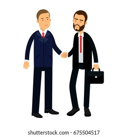 Two smiling businessmen characters in suits are handshaking, business meeting vector Illustration
