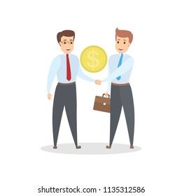 Two smiling businessmen shaking hands. Financial agreement. Idea of teamwork and partnership. Isolated flat vector illustration