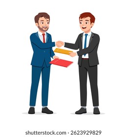 Two Smiling Businessmen Shaking Hands While Holding Documents in a Professional and Friendly Illustration Style