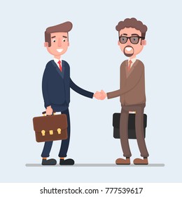 Two smiling businessmen shaking hands together. Vector illustration of a flat design.