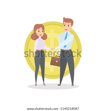 Two smiling businessmen shaking hands. Financial agreement. Idea of teamwork and partnership. Isolated flat vector illustration