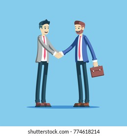 Two smiling businessmen standing and shaking hands as a sign of cooperation, partnership or agreement. Two employees concluding a successful deal shaking hands vector flat illustration.