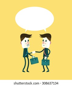 Two smiling businessmen in suits shaking hands and talking. flat character design. vector illustration