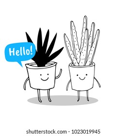 Two smiling cactus in pots.