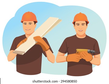 Two smiling carpenters in helmets. One holds wood planks. Other one holds a drill. Craftsmen team.