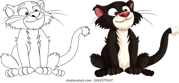Two smiling cartoon cats, one sketched, one colored