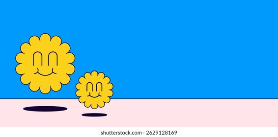 Two smiling cartoon flowers with hand-drawn style on a pastel floor and bright blue sky. Fun and minimal vector illustration with a cute aesthetic