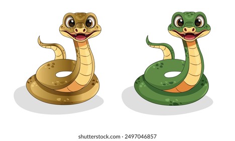  Two smiling cartoon green and golden snakes white isolated background. New year of 2025 animal snake symbol. Happy Chinese New Year