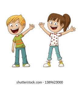 Two smiling cartoon kids. Hand drawn vector illustration. Each on a separate layer. 