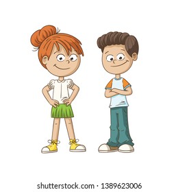 Two smiling cartoon kids. Hand drawn vector illustration. Each on a separate layer. 