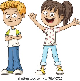 Two smiling cartoon kids. Hand drawn vector illustration. Each on a separate layer.