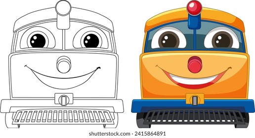 Two smiling cartoon trains facing forward.