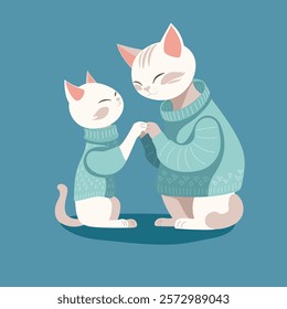 Two Smiling Cats. Mother cat holding paws with her little kitten. Cute cartoon characters. Cartoon flat vector illustration for print design, greeting card for Mother's Day design. 