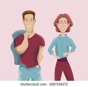 Two smiling characters: man and woman. American shot. Purple and blue colors. Thumb up.