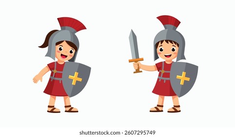 two smiling children dressed in roman centurion costumes
