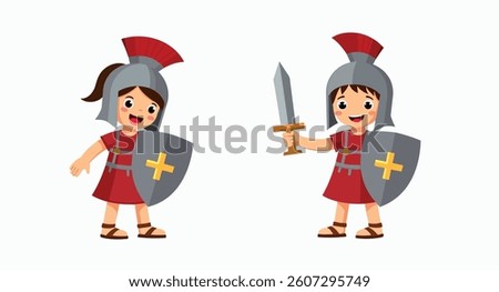 two smiling children dressed in roman centurion costumes