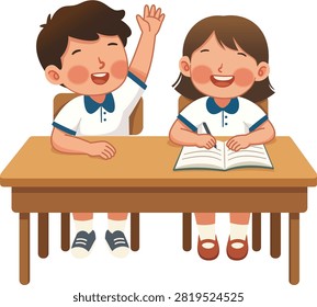 Two smiling children eager to learn at school desk