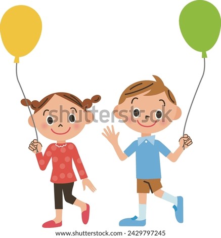 Two smiling children are holding balloons