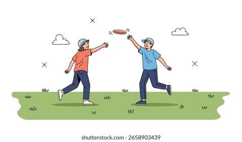 Two smiling children are playing catch outdoors on a sunny day in a park with green grass and a cloudy sky above them