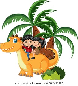 Two smiling children ride a friendly orange dinosaur among palm trees and bushes, vector art.