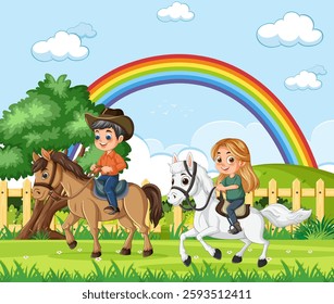 Two smiling children riding horses beneath a colorful rainbow outdoors