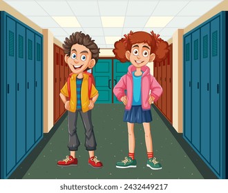 Two smiling children standing in a school corridor