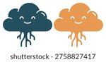 Two smiling cloud characters, one dark blue, one orange. Playful, roots, nature concept.