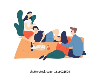 Two smiling couple enjoying outdoor picnic vector flat illustration. Happy young friends relaxing, talking isolated on white background. Concept of friendship, recreation, spending time together.