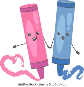Two smiling crayons with arms hold hands, creating heart and scribble shapes in a playful cartoon style. Cheerful characters express friendship and creativity