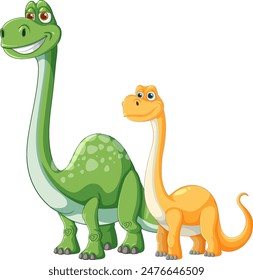 Two smiling dinosaurs standing together, looking happy