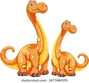 Two smiling dinosaurs standing together, looking happy