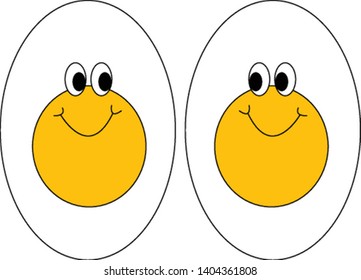 Two smiling eggs with yellow yolk, vector, color drawing or illustration. 