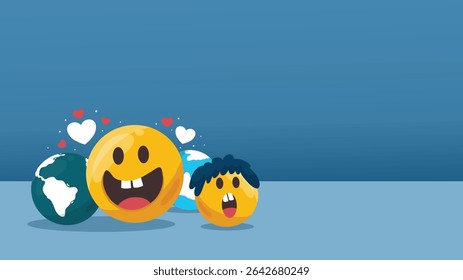 Two smiling emojis with hearts and world map background showing love