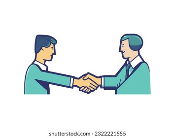 Two smiling employees shaking hands in office icon isolated