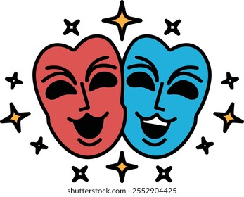 Two smiling faces with stars around them. The faces are red and blue. The image is of a theater mask