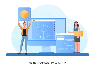 Two smiling female characters are 3d printing together. Two young women are making blueprints on computer to print it in 3D. Printing progress, additive technology. Flat cartoon vector illustration