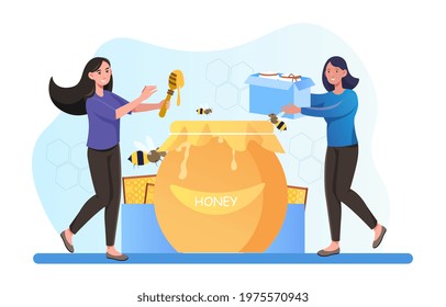 Two smiling female characters extracting and eating honey together. Beekeeper taking honeycomb and put to jar. Concept of producing natural product on beekeeping farm. Flat cartoon vector illustration