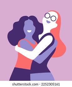 Two smiling female friends hugging each other