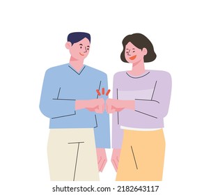 Two smiling friends are touching each other's fists. flat design style vector illustration.