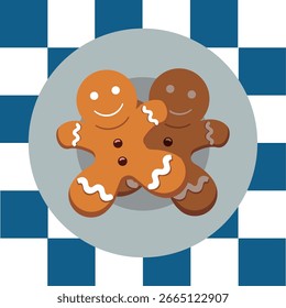 Two smiling gingerbread men cookies on round plate over checkered surface. Vector illustration.
