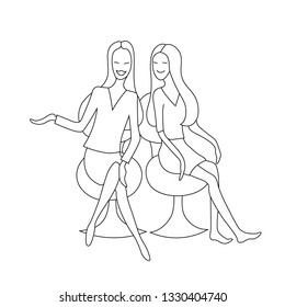 Two smiling girlfriends sit in chairs and talking. Vector drawing outline black sketch image. 