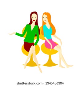 Two smiling girlfriends sit in chairs and talking. Vector color image. 