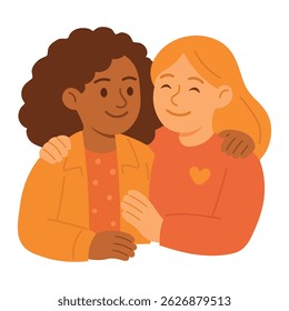 Two smiling girls with arms around each other, symbolizing friendship, unity, and emotional support.