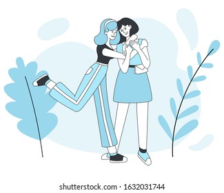 Two smiling girls hugging vector cartoon illustration. Woman friendship, good mood, positive emotions isolated lineart characters in blue. Female friends greeting concept