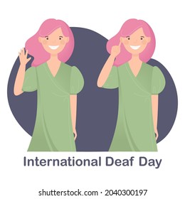 Two smiling girls with pink hair show they can't hear. International Deaf Day. Flat vector illustration isolated on white background