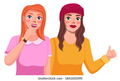 Two smiling girls stand together isolated on white background. Cute girlfriends flat character portrait vector illustration. Female friends, young women make hand gestures and thumbs up ok sign